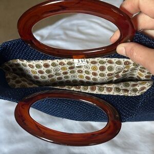 Vintage Navy Blue Woven Bag with Brown Handle